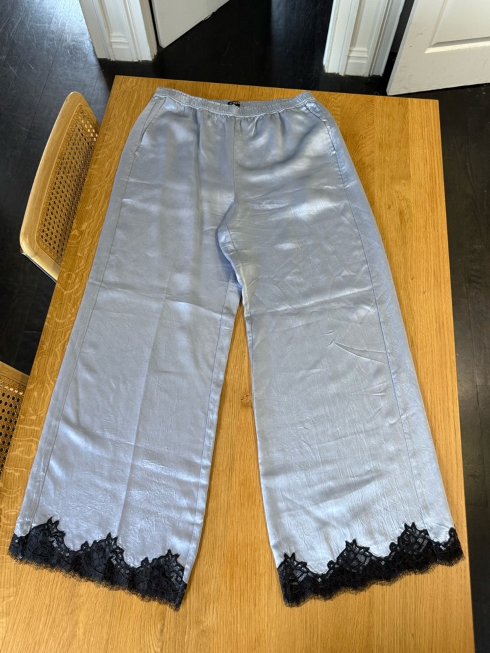 J. Crew Light Blue Satin Wide-Leg Pants with Black Lace Trim - Picture 3 of 8
